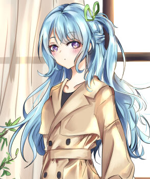 Rule 34 | 1girl, bang dream!, blue hair, blush, brown coat, closed mouth, coat, commentary, green ribbon, hair ribbon, highres, indoors, korean commentary, long hair, looking at viewer, matsubara kanon, one side up, patpang, purple eyes, ribbon, solo