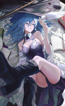 1girl absurdres animal bed bed_sheet bird black_dress blue_eyes blue_hair blurry book boots bottle braid breasts cleavage collared_dress commentary_request criss-cross_strings depth_of_field detached_sleeves dress envelope hair_between_eyes hair_spread_out hat high_heel_boots high_heels highres jenmin12 knee_boots leg_up legs long_hair looking_ahead looking_to_the_side lying medium_breasts mole mole_under_eye neck_ribbon on_back on_bed open_book original parted_lips pelvic_curtain quill ribbon shoe_soles solo staff thighs very_long_hair white_bird wide_sleeves witch witch_hat