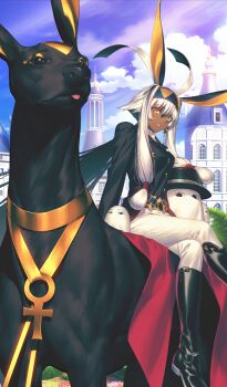 1girl animal animal_ears antenna_hair anubis_(mythology) breasts commentary_request dark-skinned_female dark_skin facial_mark fate/grand_order fate_(series) gloves jackal jackal_ears long_hair long_sleeves looking_at_viewer medjed_(fate) nitocris_(fate) nitocris_alter_(fate) nitocris_alter_(celebratory_attire)_(fate) official_art riding riding_animal shima_udon smile yellow_eyes