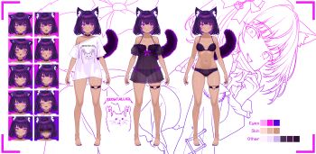 1girl absurdres animal_ears barefoot black_bra black_choker black_nails black_panties bra breasts cat_ears cat_girl cat_tail choker closed_mouth collarbone commentary commentary_typo dark-skinned_female dark_skin english_commentary expressionless finn_flint finn_flint_(vtuber) heart_ring_strap highres looking_at_viewer metallica navel original panties purple_eyes purple_hair reference_sheet shirt short_hair small_breasts t-shirt tail thigh_strap underwear white_shirt