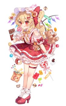 1girl :q absurdres bag bare_shoulders blonde_hair bloomers blush bobby_socks bow candy checkerboard_cookie chips_(food) chocolate chocolate_bar clothing_cutout commentary_request cookie donut drill_hair flandre_scarlet food food-themed_hat_ornament frilled_thigh_strap full_body gloves gummy_bear hair_between_eyes hair_bow hair_ornament hat hat_ornament heart heart-shaped_cookie heart-shaped_food heart-shaped_lollipop heart_hair_ornament high_heels highres holding holding_candy holding_food holding_lollipop jelly_bean lollipop long_hair looking_at_viewer macaron marshmallow neck_ribbon one_side_up paragasu_(parags112) pink_bow pointy_ears potato_chips pretzel puffy_short_sleeves puffy_sleeves red_bow red_eyes red_shoes ribbon shaped_lollipop shirt shoes short_sleeves shoulder_cutout simple_background socks solo stuffed_animal stuffed_toy suspenders teddy_bear thigh_strap tongue tongue_out touhou underwear white_background white_bloomers white_gloves white_hat white_shirt white_socks wings x_hair_ornament yellow_ribbon