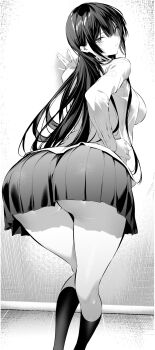 1girl ass ass_focus black_hair black_skirt black_socks breasts from_behind greyscale haite_kudasai_takamine-san highres hiiragi_yuuichi large_breasts long_hair long_sleeves looking_at_viewer looking_back monochrome open_clothes open_shirt pleated_skirt shirt skirt socks solo standing takamine_takane thighs white_shirt