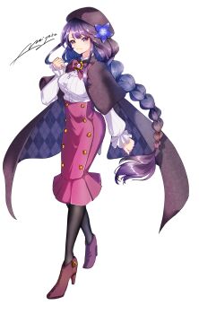 1girl absurdres alternate_costume artist_name black_pantyhose blunt_bangs blush bow bowtie braid cloak closed_mouth commentary dress frilled_dress frilled_sleeves frills full_body genshin_impact gradient_hair hat high_heels highres long_braid long_hair long_sleeves looking_at_viewer miyaka_(58305841) mole mole_under_eye multicolored_hair pantyhose purple_eyes purple_hair raiden_shogun shade signature single_braid solo standing white_background