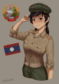 1girl absurdres artist_name black_hair blush breast_pocket brown_eyes brown_shirt cold_war commentary emblem english_commentary green_hat green_pants grey_background grzegorz1996 hand_on_own_hat hat highres laos laotian_flag looking_at_viewer low_twintails military_rank_insignia military_uniform original pants pocket shirt shoulder_boards simple_background smile solo twintails upper_body