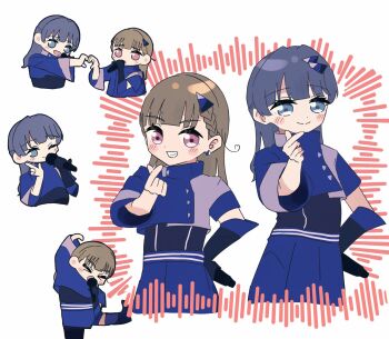 &gt;_&lt; 2girls 5th_live_tour_~4pair_power_spread!!!!~ :o ;) ahoge asymmetrical_sleeves blue_eyes blue_gloves blue_hair blue_jacket blue_shorts blush braid brown_hair center-flap_bangs closed_mouth commentary cropped_jacket dollchestra elbow_gloves finger_heart gloves half_updo hand_on_own_hip heart heart_ahoge heart_hands heart_hands_duo highres holding holding_microphone jacket kachimachi_kosuzu ladybug/beauty_(love_live!) link!_like!_love_live! long_hair long_sleeves looking_at_viewer love_live! magu_(cv_mgmgcup) microphone multiple_girls multiple_views murano_sayaka one_eye_closed open_mouth pink_eyes short-sleeved_jacket short_sleeves shorts side_ahoge side_braids single_elbow_glove single_glove smile split_mouth uneven_sleeves virtual_youtuber white_background