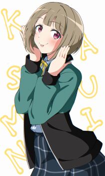 1girl :p absurdres black_skirt character_name commentary cowboy_shot green_jacket highres jacket long_sleeves looking_at_viewer love_live! love_live!_nijigasaki_high_school_idol_club nakasu_kasumi neck_ribbon nijigasaki_school_uniform nijigasaki_track_jacket open_clothes open_jacket plaid_clothes plaid_skirt pleated_skirt ribbon school_uniform skirt solo summer_uniform text_background tongue tongue_out track_jacket uchuu_no_mozuku yellow_ribbon