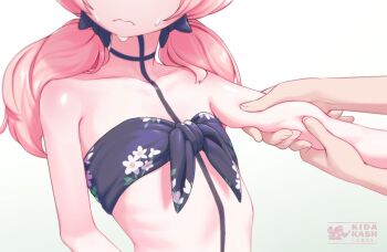 1girl bikini blue_archive bow breast_focus breasts disembodied_hand floral_print floral_print_bikini front-tie_bikini_top front-tie_top hair_bow holding_another&#039;s_arm kidakash koharu_(blue_archive) koharu_(swimsuit)_(blue_archive) low_twintails official_alternate_costume pinching pink_hair print_bikini sensei_(blue_archive) shoulder_blush squeezing squishing sweatdrop swimsuit twintails white_background