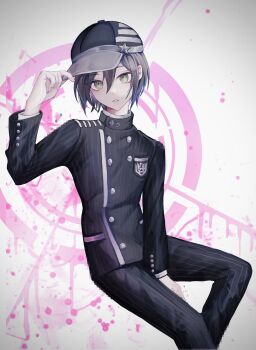 Rule 34 | 1boy, adjusting clothes, adjusting headwear, arm between legs, black hair, black hat, black jacket, blush, buttons, collared jacket, commentary, danganronpa (series), danganronpa v3: killing harmony, eyelashes, green eyes, hair between eyes, hat, highres, invisible chair, jacket, koto oto hoko, long sleeves, looking at viewer, male focus, open mouth, pants, pinstripe jacket, pinstripe pants, pinstripe pattern, ringed eyes, saihara shuichi, short hair, sitting, solo, splatter