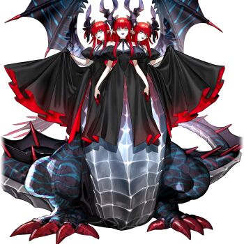 3girls asymmetrical_horns black_dress black_lips blue_eyes clothing_cutout colored_fingertips dragon_girl dragon_horns dragon_tail dragon_wings dress eliza_arsia eliza_ascreaus eliza_pavonis elizabeth_bathory_(fate) fate/grand_order fate_(series) full_body game_cg hair_ribbon highres horns king_eliza long_hair looking_at_viewer monster_girl multiple_girls multiple_heads official_art one_side_up parted_lips pointy_ears puffy_sleeves red_hair ribbon skirt_hold smile tachi-e tail transparent_background wada_arco wings