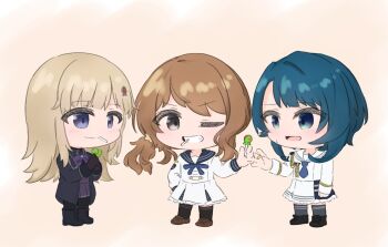 3girls aiguillette aizawa_kazuha arm_at_side assault_lily black_boots black_gloves black_jacket black_pantyhose black_thighhighs blonde_hair blue_eyes blue_hair blue_necktie blue_ribbon blue_sailor_collar blush boots bow bowtie brown_background brown_hair brown_shoes candy chibi closed_mouth commentary_request food frilled_skirt frills full_body gem gem_hair_ornament giving_food gloves gradient_background grey_eyes grey_thighhighs grin hair_ornament hand_on_own_hip hands_up holding holding_candy holding_food holding_lollipop iijima_renka jacket jewelry loafers lollipop lollipop_in_mouth long_hair looking_at_another looking_at_food low_side_ponytail michikawa_miaki miniskirt multiple_girls neck_ribbon necktie official_alternate_costume one_eye_closed open_clothes open_jacket pantyhose parted_lips purple_bow purple_bowtie purple_skirt red_gemstone ribbon ring sailor_collar sailor_shirt shirt shoes side_ponytail skirt smile standing star_(symbol) star_hair_ornament sweatdrop thighhighs umi_(s5r1umi_1399) v-shaped_eyebrows white_sailor_collar white_shirt white_skirt