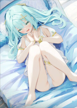 1girl absurdres aqua_hair bare_shoulders blue_hair blush bracelet breasts dress faruzan_(genshin_impact) genshin_impact green_eyes gusha_s hair_ornament hair_spread_out highres jewelry long_hair looking_at_viewer lying on_back open_mouth panties short_sleeves small_breasts solo symbol-shaped_pupils thighlet triangle-shaped_pupils twintails underwear white_dress white_panties x_hair_ornament