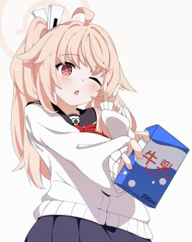 1girl blue_archive drink_carton grey_skirt halo highres kame_(nokonoko10271) long_hair milk_carton natsu_(blue_archive) neckerchief one_eye_closed pink_hair pink_halo red_eyes red_neckerchief shirt side_ponytail simple_background skirt sleeves_past_fingers sleeves_past_wrists v white_background white_shirt