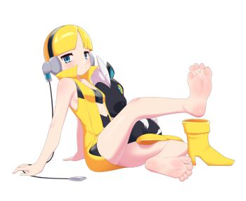 1girl 2024_pokemon_teraleak aged_down arm_support armpit_crease bare_legs barefoot black_hairband blitzle blonde_hair boots breasts closed_mouth collared_dress dress elesa_(pokemon) feet foot_up full_body gen_5_pokemon hairband high_heels leg_up loli looking_at_viewer maidforge nintendo paid_reward_available pokemon pokemon_bw_(prototype) short_dress short_hair simple_background sleeveless sleeveless_dress small_breasts soles thighs toes unworn_footwear white_background yellow_boots yellow_dress