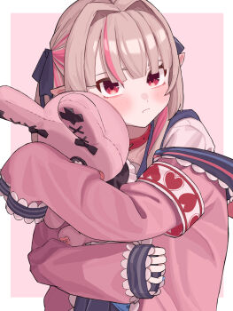 Rule 34 | 1girl, absurdres, black ribbon, blush, border, brown hair, cardigan, closed mouth, collar, commentary request, debitto (makaino ririmu), hair ribbon, highres, looking at viewer, makaino ririmu, makaino ririmu (4th costume), multicolored hair, nijisanji, okaki8130, outside border, pink background, pink cardigan, pink hair, red collar, red eyes, ribbon, shirt, solo, streaked hair, stuffed animal, stuffed toy, two-tone hair, virtual youtuber, white border