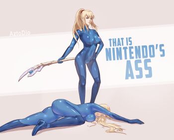 2girls @_@ ass avengers:_endgame avengers_(series) aztodio blonde_hair blue_bodysuit bodysuit breasts dual_persona high_ponytail highres impossible_bodysuit impossible_clothes long_hair looking_at_viewer marvel marvel metroid mole mole_under_mouth multiple_girls nintendo parody polearm ponytail samus_aran shiny_clothes skin_tight smile source_quote_parody spear spoilers super_smash_bros. weapon zero_suit