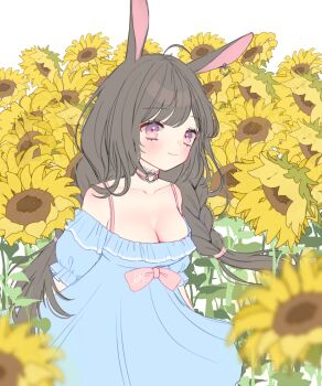 Rule 34 | 1girl, absurdres, animal ears, blue dress, bow, bra strap, braid, breasts, brown hair, choker, cleavage, closed mouth, commentary, cowboy shot, dress, dress bow, earrings, english commentary, flower, heart, heart choker, heart earrings, highres, jewelry, large breasts, loltinami, long hair, looking at viewer, multicolored eyes, off-shoulder dress, off shoulder, parted bangs, pink bow, pink choker, rabbit ears, rabbit girl, self-portrait, single earring, solo, standing, sunflower, tinami (vtuber), two-tone eyes, vdonburi, virtual youtuber, white background, yellow flower