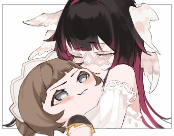 1girl bare_shoulders black_hair blue_eyes blunt_bangs blush border brown_hair character_doll closed_eyes closed_mouth columbina_(genshin_impact) commentary_request doll dress eye_mask feathered_wings genshin_impact gradient_hair grey_mask head_wings highres hugging_doll hugging_object implied_yuri lips long_hair mask multicolored_hair multiple_wings off-shoulder_dress off_shoulder outside_border pink_hair puffy_short_sleeves puffy_sleeves sa_3987 sandrone_(genshin_impact) short_hair short_sleeves simple_background smile solo two-tone_hair upper_body white_background white_border white_dress white_headdress wings