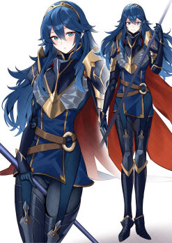 1girl ameno_(a_meno0) armor blue_armor blue_cape blue_eyes blue_hair blush brand_of_the_exalt breastplate cape fire_emblem fire_emblem_awakening fire_emblem_heroes gloves hair_between_eyes holding holding_weapon long_hair long_sleeves looking_at_viewer lucina_(brave_princess)_(fire_emblem) lucina_(fire_emblem) nintendo official_alternate_costume polearm red_cape shoulder_armor simple_background smile solo spear symbol-shaped_pupils tiara two-tone_cape weapon