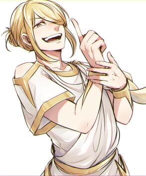 Rule 34 | 1boy, arm up, bracer, collarbone, commentary request, gold trim, gura (rick grick), hair bun, hair over one eye, hair up, hand on own arm, index finger raised, looking at viewer, male focus, medium hair, nintendo, one eye covered, open mouth, pokemon, pokemon legends: arceus, robe, simple background, single hair bun, solo, teeth, tongue, upper body, volo (pokemon), white background, white robe, yellow eyes