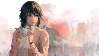 Rule 34 | 1girl, absurdres, aged up, black hair, cardigan, closed mouth, collared shirt, commentary, cup, dated, english commentary, grey cardigan, grey eyes, hibike! euphonium, highres, holding, holding cup, lips, long sleeves, looking to the side, luxearte, medium hair, mug, oumae kumiko, shirt, signature, solo, upper body, watch, white shirt, wristwatch