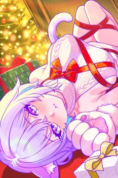 1girl absurdres alternate_costume animal_ears animal_hands breasts cat_ears cat_girl cat_paws cat_tail christmas_present christmas_tree commentary english_commentary finn_flint gift grey_sweater highres hololive large_breasts looking_at_viewer medium_hair nekomata_okayu purple_eyes purple_hair red_ribbon ribbon smile solo sweater tail virgin_killer_sweater virtual_youtuber