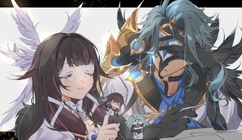 1boy 1girl absurdres ascot black_gloves black_hair blue_ascot blue_hair bow character_doll closed_eyes coat columbina_(genshin_impact) commentary_request covered_eyes doll dottore_(genshin_impact) earrings eye_mask feather_trim feathered_wings fur_trim genshin_impact gloves gradient_hair hair_intakes hair_ribbon hand_on_own_face head_wings highres holding holding_quill jewelry letterboxed long_hair long_sleeves mask moderate_gold multicolored_hair o-ring outside_border paper parted_lips quill red_hair ribbon single_earring smile streaked_hair white_background white_bow white_coat white_ribbon white_wings wings