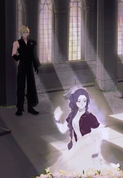 1boy 1girl absurdres aerith_gainsborough armor bangle black_cape black_gloves black_pants black_shoes black_sleeves black_vest blonde_hair bracelet braid braided_ponytail breasts brown_hair cape choker church cleavage cloud_strife commission cropped_jacket dress final_fantasy final_fantasy_vii final_fantasy_vii_advent_children final_fantasy_vii_rebirth final_fantasy_vii_remake flower flower_bed flower_choker full_body gloves glowing hair_between_eyes hair_over_shoulder hair_ribbon half-closed_eyes highres indoors jacket jewelry kneeling lily_(flower) long_dress long_hair looking_at_another medium_breasts pants parted_bangs pauldrons pink_dress pink_ribbon red_jacket ribbon shoes short_hair short_sleeves shoulder_armor sidelocks single_bare_shoulder single_braid single_pauldron single_sleeve spiked_hair spirit sunlight vanekairi vest waist_cape wooden_floor yellow_flower