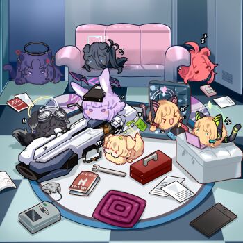 !? &gt;_&lt; 6+girls absurdres anger_vein aris_(blue_archive) blue_archive commentary commission computer controller engineering_department_(blue_archive) english_commentary furball game_boy game_console game_controller game_development_department_(blue_archive) glasses goggles goggles_on_head green_halo halo handheld_game_console hibiki_(blue_archive) highres indoors kotori_(blue_archive) laptop mechanical_halo midori_(blue_archive) momoi_(blue_archive) multiple_girls no_mouth open_door open_mouth paper purple_halo railgun rectangular_halo semi-rimless_eyewear sitting sleeping switch under-rim_eyewear utaha_(blue_archive) wrench yellow_halo yuuka_(blue_archive) yuutama2804 yuzu_(blue_archive) zzz