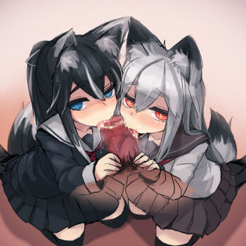 1boy 2girls :&gt;= animal_ears bad_id bad_tumblr_id bee_(deadflow) black_hair blue_eyes blush brown_skirt commentary_request concon-collector cooperative_fellatio faceless faceless_male fellatio gradient_background grey_hair heart holding kneeling loli long_sleeves looking_at_viewer multiple_girls oral penis pleated_skirt pov red_eyes school_uniform serafuku skirt smegma tail teamwork_(sexual) uncensored