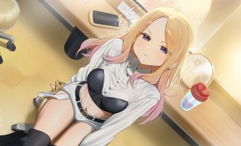1girl :t absurdres arm_support blonde_hair blush cellphone charger commentary cropped_shirt dated_commentary dutch_angle fingerless_gloves gakuen_idolmaster gloves gradient_hair highres idolmaster indoors juo_sena long_hair looking_at_viewer midriff mirror multicolored_hair navel official_alternate_costume on_stool phone pink_hair purple_eyes reflection short_shorts shorts sitting smartphone stool super_stamina_drink_(gakuen_idolmaster) syhan white_shorts yellow_gloves