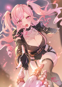 1girl absurdres black_gloves black_jacket black_nails black_shirt black_shorts breasts cleavage clothing_cutout commentary curly_hair english_commentary fingerless_gloves garter_straps gloves highres hip_vent hololive hololive_english jacket jewelry kamiya_maneki large_breasts long_hair mori_calliope mori_calliope_(gold_unbalance) nail_polish necklace official_alternate_costume official_alternate_hairstyle open_mouth pink_eyes pink_hair pov pov_hands reaching reaching_towards_viewer shirt shorts sidelocks single_garter_strap solo teeth twintails upper_teeth_only