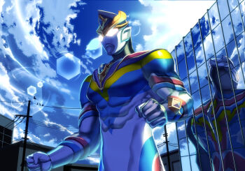 Rule 34 | 1boy, abs, alien, arm guards, bird, black skin, blue skin, blue sky, building, city, cityscape, clenched hands, cloud, cloudy sky, color timer, colored skin, commentary, compound eyes, crystal, day, dorsal fin, forehead jewel, from below, fsm78, giant, giant male, glowing, glowing eyes, gold horns, gold skin, horns, large pectorals, lens flare, looking ahead, male focus, multicolored skin, muscular, muscular male, no pupils, outdoors, pectorals, power lines, red skin, reflection, ribs, silver skin, sky, solo, spine, standing, tokusatsu, ultra series, ultraman decker, ultraman decker (dynamic type), ultraman decker (series), upper body, white eyes