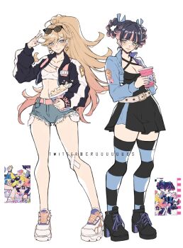 2girls anime_screenshot_inset black_jacket blonde_hair bow breasts cleavage colored_inner_hair criis-chan criss-cross_straps crop_top cropped_jacket cup disposable_cup dress drink drinking_straw earrings food gothic_lolita green_eyes hair_bow heart heart_earrings jacket jewelry large_breasts lolita_fashion long_hair looking_at_viewer medium_breasts midriff multicolored_hair multiple_girls navel official_alternate_costume panty_&amp;_stocking_with_garterbelt panty_(psg) pink_hair popcorn purple_hair screenshot_inset short_hair short_shorts shorts siblings simple_background sisters skirt smile soda stocking_(psg) striped_clothes striped_thighhighs thighhighs twitter_username two-tone_hair white_background