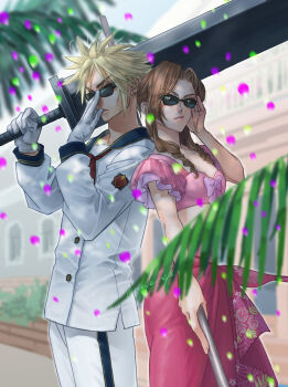 1boy 1girl adjusting_eyewear aerith_gainsborough aerith_gainsborough_(floral_delight) back-to-back barret_wallace barret_wallace_(cosplay) blonde_hair blue_sailor_collar breasts brown_hair buster_sword closed_mouth cloud_strife cosplay cowboy_shot crop_top earrings final_fantasy final_fantasy_vii final_fantasy_vii_rebirth final_fantasy_vii_remake frilled_sleeves frills gloves highres holding holding_staff jewelry long_hair medium_breasts midriff military_uniform naval_uniform necktie neya official_alternate_costume outdoors over_shoulder palm_tree pants parted_bangs pink_sarong pink_shirt pink_skirt red_necktie sailor_collar sarong shirt short_hair sidelocks single_earring skirt spiked_hair staff sunglasses sword sword_over_shoulder tree twitter_username weapon weapon_over_shoulder white_gloves white_pants white_shirt