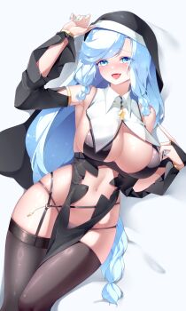 1girl absurdres arm_up armpits bare_shoulders black_dress black_veil blue_eyes braid breasts bridal_gauntlets brown_thighhighs buyange center_opening cleavage detached_sleeves dress garter_straps highres large_breasts long_hair long_sleeves looking_at_viewer nail_polish navel open_mouth original panties parted_bangs pelvic_curtain revealing_clothes sideboob single_garter_strap skindentation sleeveless sleeveless_dress smile solo stomach string_panties thighhighs tongue tongue_out underwear veil very_long_hair white_hair white_panties wing_collar