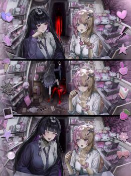 1other 2girls absurdres applying_manicure bag bedroom blue_eyes blue_necktie blunt_bangs braid breasts bug butterfly cable cake cake_slice candy cardigan clothes_on_bed coffee_mug collared_shirt colored_inner_hair computer cosmetics cup earrings extension_cord food fruit gradient_hair gyaru hair_bun hair_ornament hair_scrunchie heart hello_kitty highres hime_cut holding holding_umbrella ice_cream ikuta41 imminent_stabbing insect jewelry kotoka_torahime kotoka_torahime_(1st_costume) kuromi laptop large_breasts lightning_bolt_symbol lollipop long_hair meloco_kyoran meloco_kyoran_(1st_costume) messy_room monster mug multicolored_hair multiple_girls my_melody nail_polish nail_polish_bottle necktie nijisanji nijisanji_en notebook open_collar open_mouth picture_frame polaroid_photo purple_eyes purple_hair purple_necktie rilakkuma sanrio school_bag school_uniform scrunchie sequential shelf shirt side_braid side_up_bun sidelocks sleeves_rolled_up smile split-color_hair star_(symbol) strawberry stuffed_animal stuffed_toy teddy_bear time_lapse two-tone_hair umbrella unworn_clothes very_long_hair virtual_youtuber white_shirt wrist_scrunchie x_hair_ornament