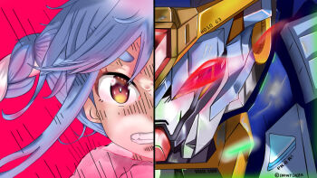 1girl artist_name blue_hair braid brown_eyes clenched_teeth close-up emphasis_lines floating_hair glowing glowing_eye gundam gundam_tekketsu_no_orphans hololive mecha pekodam rabbit_girl robot scene_reference short_eyebrows snowy_lucoa split_screen teeth twin_braids usada_pekora v-fin v-shaped_eyebrows virtual_youtuber