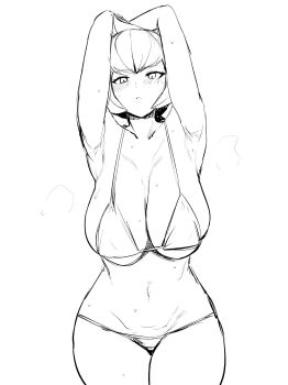 1girl :c armpits arms_behind_head bare_shoulders bikini blush breasts cleavage collarbone cowlick eyelashes frown highres large_breasts looking_at_viewer mars_(pokemon) megao_3rd navel nintendo pokemon pokemon_dppt simple_background solo steaming_body sweat swimsuit white_background