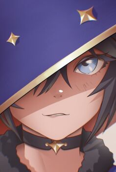 Rule 34 | 1girl, absurdres, black choker, black hair, blue eyes, blue hat, choker, fur trim, genshin impact, hat, highres, lem, mona (genshin impact), one eye covered, portrait, shaded face, solo, white background, witch hat