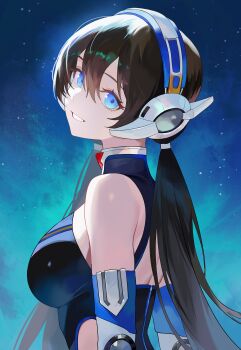 1girl absurdres bare_shoulders black_bodysuit blue_bodysuit blue_eyes bodysuit breasts brown_hair commentary_request hair_between_eyes head_tilt headphones highres large_breasts looking_at_viewer multicolored_bodysuit nbee_ya night night_sky open_mouth original sky smile solo star_(sky) teeth two-tone_bodysuit upper_body