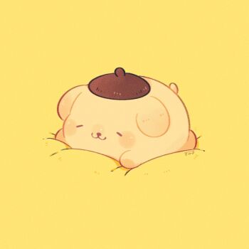 :3 closed_eyes commentary lying no_humans on_stomach pompompurin sanrio sleeping solo symbol-only_commentary tenmiyakiyo yellow_background