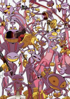 animal_ears closed_eyes colored_sclera colored_skin colored_teeth crossed_arms evil_smile eyelashes firing furry gloves gun gun_to_head handgun happy highres holding holding_gun holding_weapon jax_(the_amazing_digital_circus) multiple_views o_o ohyou_wake overalls pink_overalls rabbit_boy rabbit_ears red_gloves revolver shaded_face sharp_teeth signature simple_background sink smile strangling teeth the_amazing_digital_circus tongue weapon yellow_gloves yellow_sclera yellow_teeth