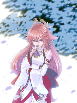 1girl closed_mouth commentary_request earrings genshin_impact hair_between_eyes hair_flaps highres jewelry long_hair looking_at_viewer mike_neko3 pink_hair purple_eyes solo tassel upper_body white_background wide_sleeves yae_miko