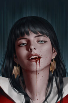 1girl bat_earrings black_hair blood blood_from_mouth blood_splatter collar earrings grey_eyes highres jewelry long_hair looking_at_viewer open_mouth portrait solo teeth upper_teeth_only vampire vampirella vampirella_(character) white_collar yoon_junggeun