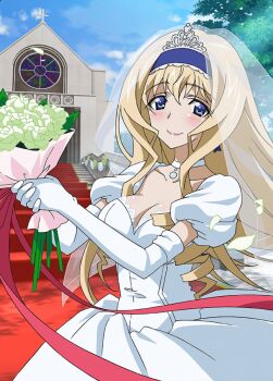 1girl alternate_costume blonde_hair blush breasts bridal_veil cecilia_alcott church cleavage dress drill_hair flower gloves green_eyes hairband highres infinite_stratos kekocha large_breasts legs long_hair looking_at_viewer pink_lips rose smile solo thighs veil wedding_dress