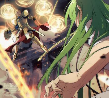 1boy 1other androgynous armor battle blonde_hair chain commentary_request ea_(fate) enkidu_(fate) enkidu_(weapon)_(fate) fate/strange_fake fate_(series) gate_of_babylon_(fate) gilgamesh_(fate) gold_armor green_hair long_hair lunapont other_with_male robe toga white_robe