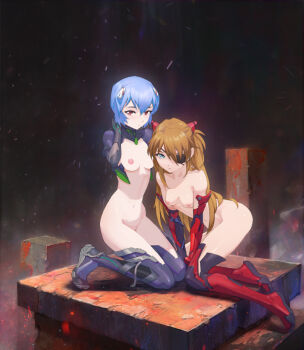 2girls alternate_costume arm_support armor arms_behind_head ayanami_rei blue_eyes blue_hair breasts closed_mouth convenient_censoring elbow_gloves evangelion:_3.0_you_can_(not)_redo eyepatch full_body gloves grey_background groin hair_between_eyes hair_ornament hands_on_own_neck interface_headset_(evangelion) kneeling light_particles long_hair looking_at_viewer mecha_pilot_suit medium_breasts multiple_girls navel neon_genesis_evangelion nipples nude orange_hair pillar plugsuit_(evangelion) power_armor rebuild_of_evangelion red_eyes revealing_clothes short_hair small_breasts souryuu_asuka_langley thighhighs yugen99
