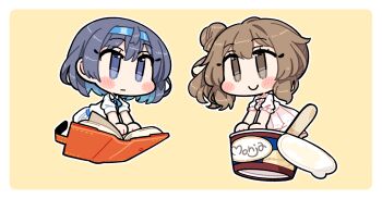 Rule 34 | 2girls, alpha transparency, blue bow, blue bowtie, blue eyes, blue hair, blush stickers, book, border, bow, bowtie, brown background, brown eyes, brown hair, cevio, chibi, chibi only, closed mouth, commentary request, dress, food, full body, hair bun, highres, ini (inunabe00), multiple girls, open book, outline, pink dress, satou sasara, short hair, short sleeves, simple background, sitting, smile, suzuki tsudumi, white border, white dress, white outline