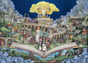 absurdres argarad aura_(sousou_no_frieren) axe bare_shoulders battle_axe beard black_capelet black_coat black_dress black_hair blonde_hair blue_dress blue_robe blue_scarf bluesky_username book book_stack bookshelf boots breasts brown_hair cape capelet castle clothing_cutout coat commentary crop_top cup demon_boy demon_girl demon_horns denken_(sousou_no_frieren) double_bun dragon draht_(sousou_no_frieren) dress dwarf ehre_(sousou_no_frieren) eisen_(sousou_no_frieren) elf english_commentary everyone facial_hair fern_(sousou_no_frieren) flamme_(sousou_no_frieren) flower forest frieren fur-trimmed_coat fur_trim genau_(sousou_no_frieren) glasses goat green_hair green_shorts grey_coat grey_hair hair_bun hair_over_one_eye heiter helmet highres hill himmel_(sousou_no_frieren) holding holding_axe holding_cup holding_staff holding_suitcase horns house instagram_username kanne_(sousou_no_frieren) kneehighs kraft_(sousou_no_frieren) land_(sousou_no_frieren) large_breasts laufen_(sousou_no_frieren) lawine_(sousou_no_frieren) lernen_(sousou_no_frieren) linie_(sousou_no_frieren) long_dress lugner_(sousou_no_frieren) methode_(sousou_no_frieren) midriff mimic mimic_chest mouse_(animal) nature navel old old_man orange_hair pink_hair pleated_dress pointy_ears purple_hair reading red_cape red_coat red_eyes richter_(sousou_no_frieren) river robe sample_watermark scarf scharf_(sousou_no_frieren) sein_(sousou_no_frieren) sense_(sousou_no_frieren) serie_(sousou_no_frieren) sheep short_dress short_shorts shorts shoulder_cutout sitting socks sousou_no_frieren staff stairs stark_(sousou_no_frieren) statue suitcase suspenders thigh_boots thigh_strap tree twintails twitter_username ubel_(sousou_no_frieren) voll_(sousou_no_frieren) watermark weapon weapon_on_back white_boots white_coat white_dress white_shorts wirbel_(sousou_no_frieren)