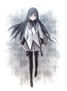 1girl akemi_homura akemi_homura_(magical_girl) argyle_clothes black_hair black_pantyhose floating_hair frilled_skirt frills full_body hairband highres long_hair looking_at_viewer mahou_shoujo_madoka_magica mahou_shoujo_madoka_magica_(anime) pantyhose purple_hairband purple_skirt shield skirt solo straight-on yakka